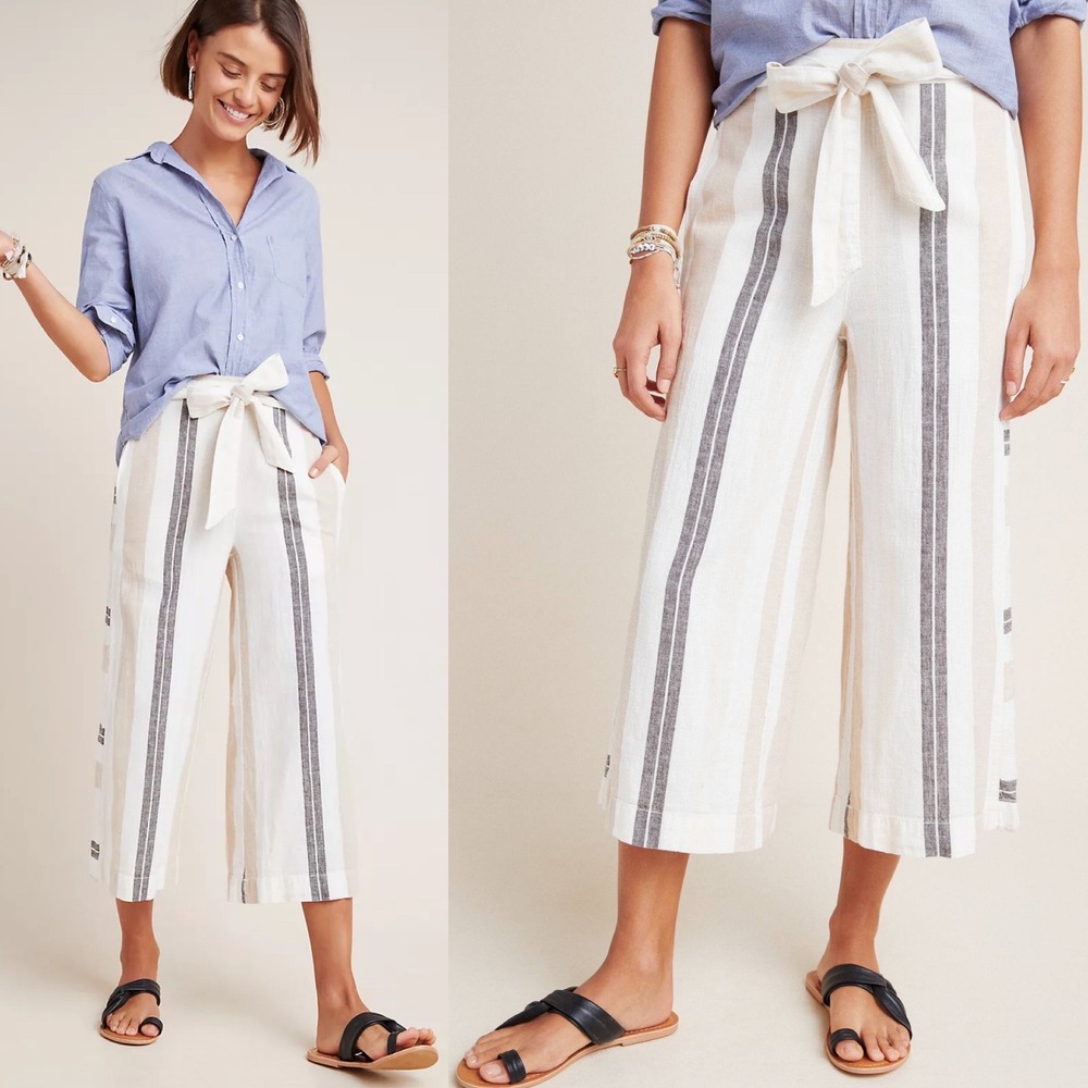 Anthropologie Linen‎ Blend Wide Leg Belted Pants Womens Sz XS Shorebound Pockets